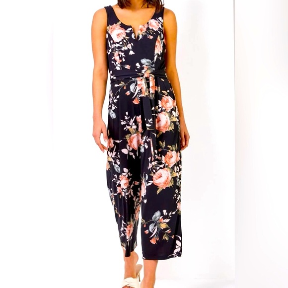 Papillon Navy Floral Jumpsuit With V Boni Neck Cropped Wide Leg Tie Belt Size L - Picture 4 of 16